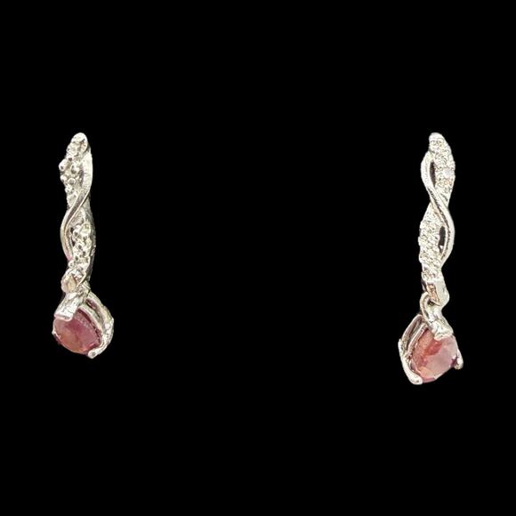 Natural Red Ruby Diamond Dangle Earrings 925 Sterling Silver - Picture 3 of 5
